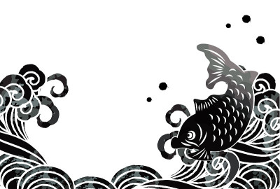 海啸和鱼打印风格矢量插图