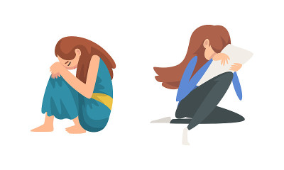 不开心的悲伤少女坐在地板上感到沮丧和孤独向量集