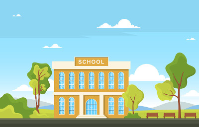 学校教育大楼街道室外景观卡通插图