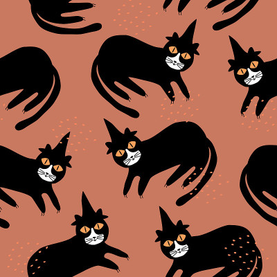 黑猫与魔术帽和黄色眼睛手绘矢量插图。令人毛骨悚然的猫科动物的性格。万圣节无缝模式。