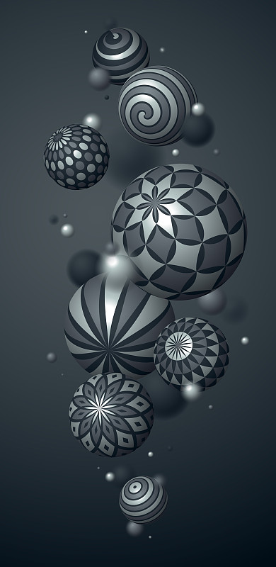 抽象球体矢量手机背景，组合飞行球装饰与图案，3D混合各种现实的装饰球体，智能手机壁纸。