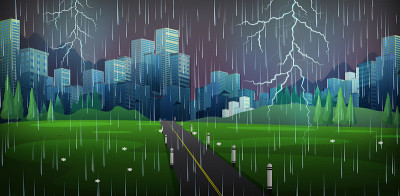 城市景象与雨雷