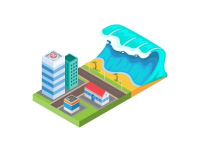 海啸灾害的海滩和城市等距插图矢量