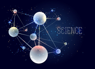 分子矢量抽象背景，三维立体科学化学物理主题设计元素，原子粒子微纳米科学插画。