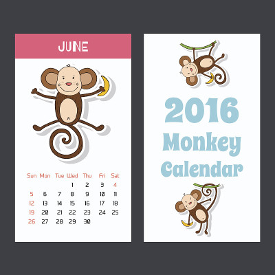 2016年的日历上有可爱的猴子图标。6月。