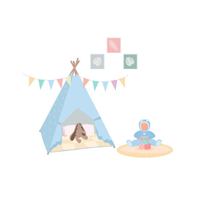 矢量插图Wigwam，儿童的房间和孩子玩在地毯上的立方体。