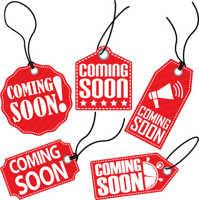 Coming soon red tag set, vector illustration