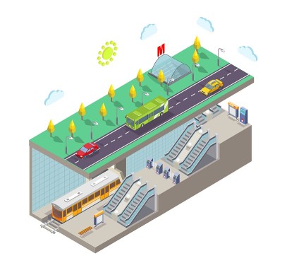 地铁车站，平面矢量插图。等距城市街道断面、地铁入口、列车、铁路站台。
