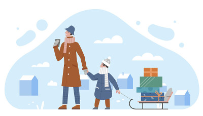 Family people carrying sled with Christmas holiday