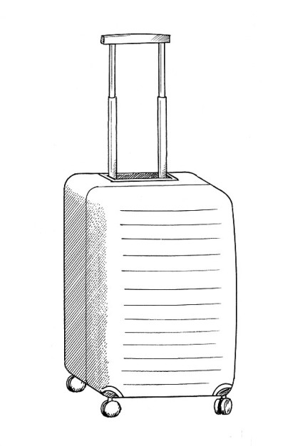 经典现代手提箱素描，黑白插图