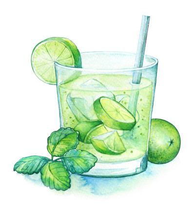 水彩插图的法国朗姆酒为基础的酸橙鸡尾酒