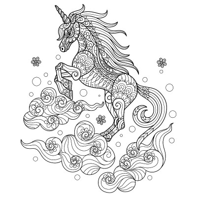 在云中涂鸦独角兽马纠结成人涂色页，插画风格。