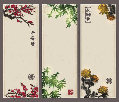三幅绘有樱花、竹子和菊花的横幅。传统的东方