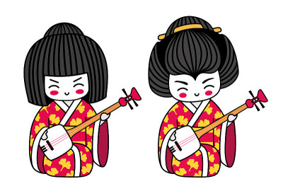 Geisha with shamisen. Kawaii japanese cartoon char