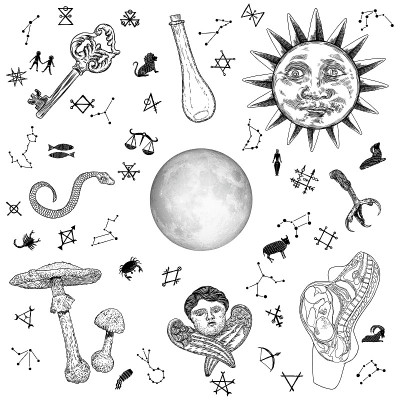 女巫的神秘设置。魔法和炼金术之书元素。星座，符号和魔法字母表背景。万圣节的向量。