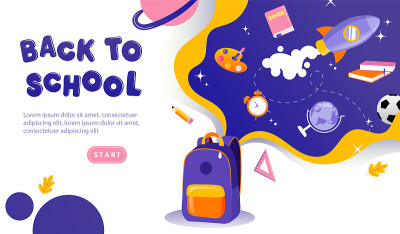 重返校园的概念。背面铭文和学习用品。网站登录页面。标题与学校主题信息图零售市场推广。网页平面矢量插图