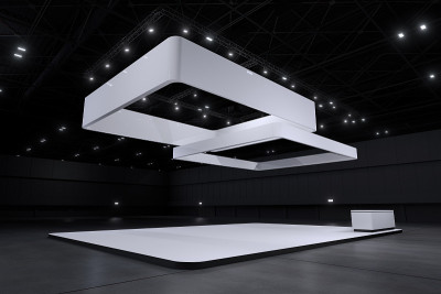 展示平台用于实物模型和企业形象，展示设计。空的展台设计。展厅零售展位元素。展位设计贸易展。空白展台系