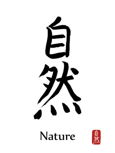 手绘象形文字翻译自然。矢量日本黑色符号白色背景与文本。毛笔红章(日文)。中国书法的图标