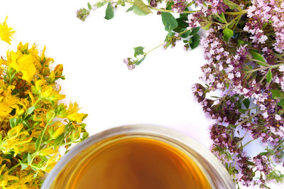 花束马郁兰和图桑与淡黄色草药茶散焦杯在白色背景与复制空间