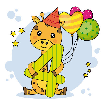 Cute giraffe with the number four. Birthday party 