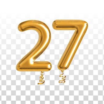 矢量现实孤立的金色气球数字27邀请装饰在透明的背景。