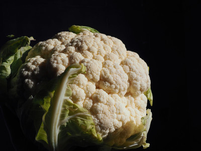 花椰菜特写在一个黑色的背景。边点燃。新鲜的卷心菜头。绿色蔬菜。十字花科芸薹属的甘蓝。健康饮食和素食主