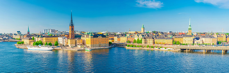 鸟瞰斯德哥尔摩全景，老城Gamla Stan，典型的瑞典房屋，带有哥特式教堂建筑的Riddarhol