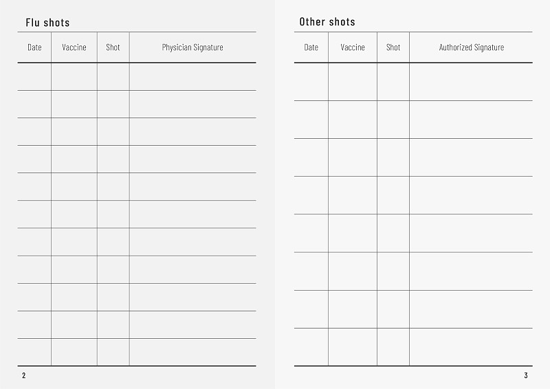 流感疫苗接种记录空白。烟道卡片模板