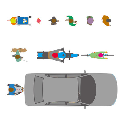 人,自行车,汽车。从上面看插图。