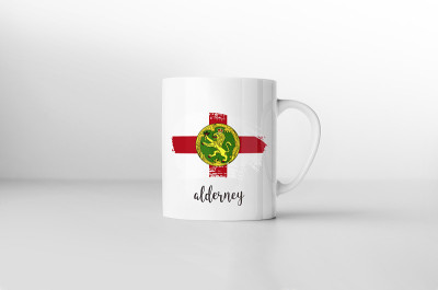 奥尔德尼旗纪念品杯在白色的背景。3 d渲染。