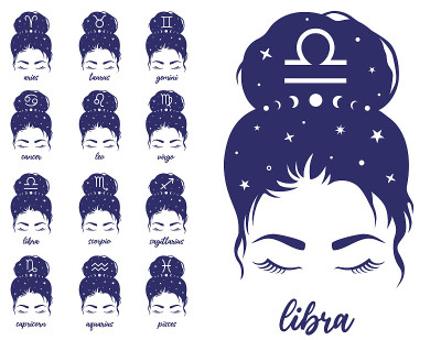 生肖矢量打印。集合各种女性的脸设计凌乱的发髻。占星女性设计。