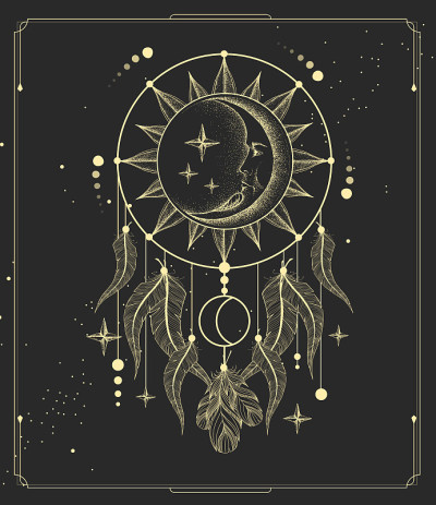 现代魔法魔法卡与捕梦网。矢量图