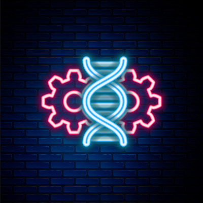 发光的霓虹灯线基因编辑图标孤立在砖墙的背景。基因工程。DNA研究,研究。色彩斑斓的轮廓的概念。向量