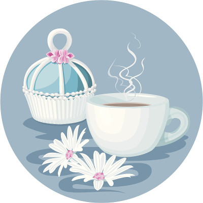 纸杯蛋糕，咖啡杯和鲜花组成