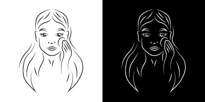 女人卸妆轮廓肖像矢量插图。女孩脸上带着微笑表情的写实线条艺术。女士与棉垫轮廓字符在黑色和白色的背景