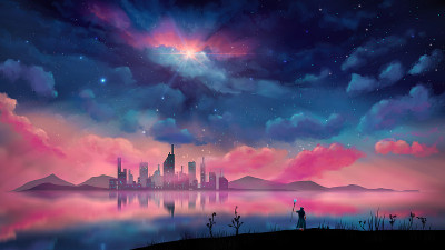 魔术师，站在风景中的巫师。城市和山的倒影在水中，与阴天的夜空。数字绘画，3D渲染