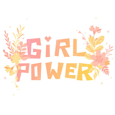 女孩力量大文字，彩色插图与鲜花
