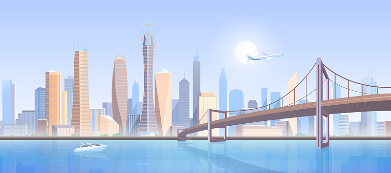 城市桥梁景观矢量插画，卡通平面现代未来都市概念，市中心城市景观与高层建筑摩天大楼