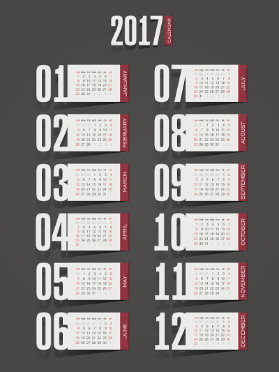 日历2017年。周日开始一周