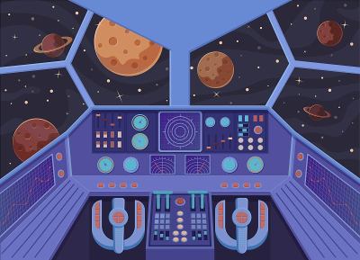 室内飞船。未来的外观从驾驶舱的星驱逐舰开放空间行星。