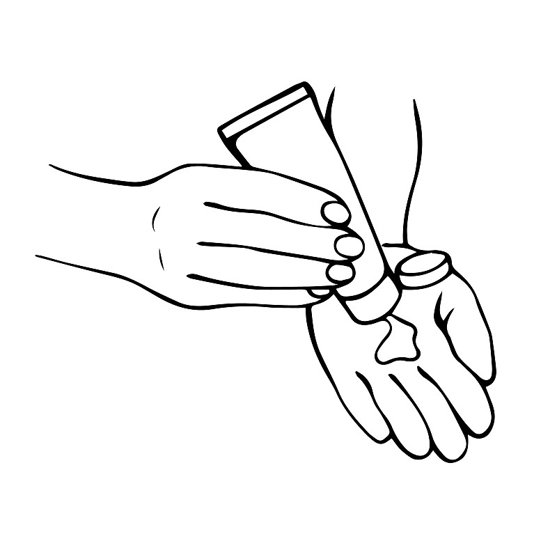 手的消毒。手绘矢量插图。用于清洁消毒的酒精凝胶瓶。手压泵消毒剂。矢量图
