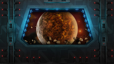宇宙飞船窗户。红色行星和小行星。