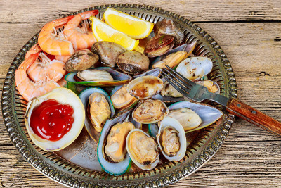 海鲜绿贻贝虾柠檬海美食晚餐午餐生开胃贝