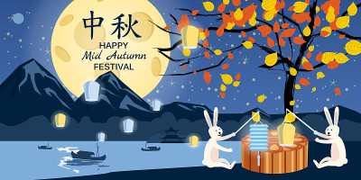 中国中秋节月饼节兔子发射天灯。山水、山川、湖夜。矢量插图孤立模板横幅