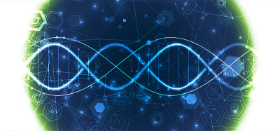 发光的氖DNA链。生物技术、生物化学、科学、医学概念。