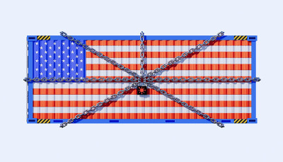 美国贸易和商业封锁概念设计和货物集装箱的3d渲染。