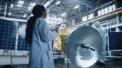 女工程师在卫星建设工作中使用数字平板电脑。美国航空航天局:科学家监督建造、组装和制造太空任务的航天器