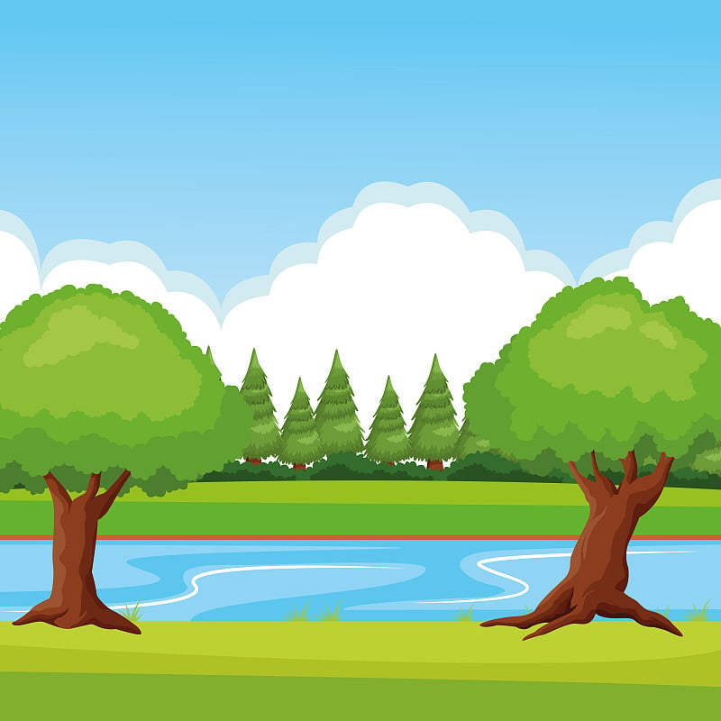 forest landscape with river icon cartoon