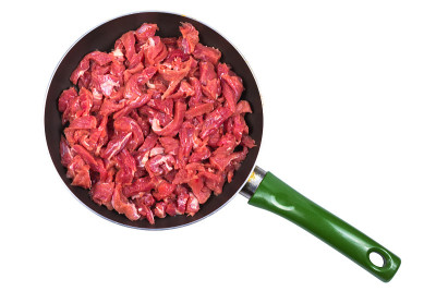 煎锅里放着鲜肉