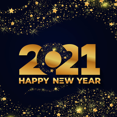 2021年新年快乐!优雅的金色文字与光。简约的文本模板。字体为2021年保存日期豪华设计和新年庆祝邀